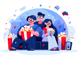 蓝色扁平插画几个朋友在电影院观影吃爆米花场景